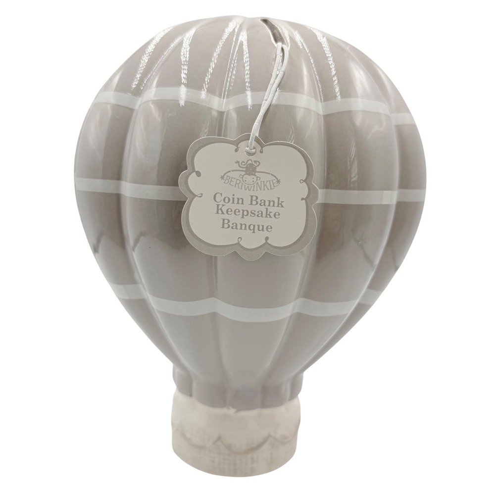 Beriwinkie Hot Air Balloon Coin Bank Kids Grey White Stripe Ceramic Keepsake